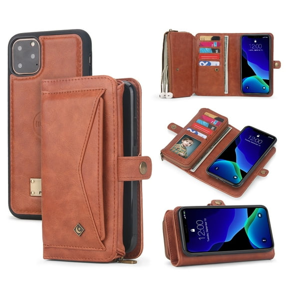 iPhone 11 Pro 5.8 Case, Allytech Multi-Function PU Leather Zipper Cards Holders Money Pocket Detachable Magnetic Back Cover Wireless Charger Folio Flip Stand Cover for Apple iPhone 11 Pro 5.8, Brown