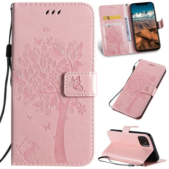 iPhone 11 Pro 5.8" Case Wallet, Allytech PU Leather [Tree Cat] Slim Shell Flip Cover with Cards Holder Hand Wrist Strap Drop Protection Shockproof Bumper TPU Back Cover for Apple iPhone 11,Rosegold