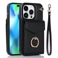 thumbnail image 1 of for iPhone 11 Pro 5.8" Wallet Case, Back Card Slots/Bag Magnetic Button Ring Holder Stand Cover with RFID Blocking Wrist Hand Strap Luxury PU Leather Anti-Shocks Case for iPhone 11 Pro,Black, 1 of 9