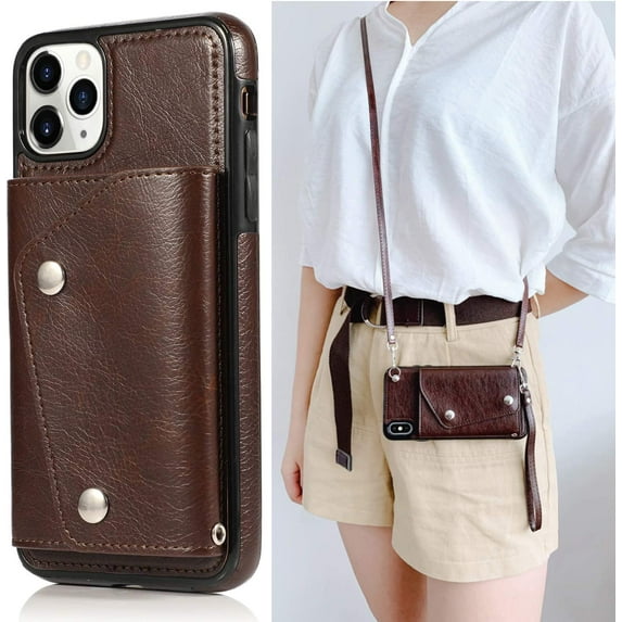 for iPhone 11 Pro Card Holder Case with Neck Strap Crossbody Chain Handbag Wrist Strap Protective Cover with Credit Card Holder Slot PU Leather Wallet Case for iPhone 11 Pro Brown