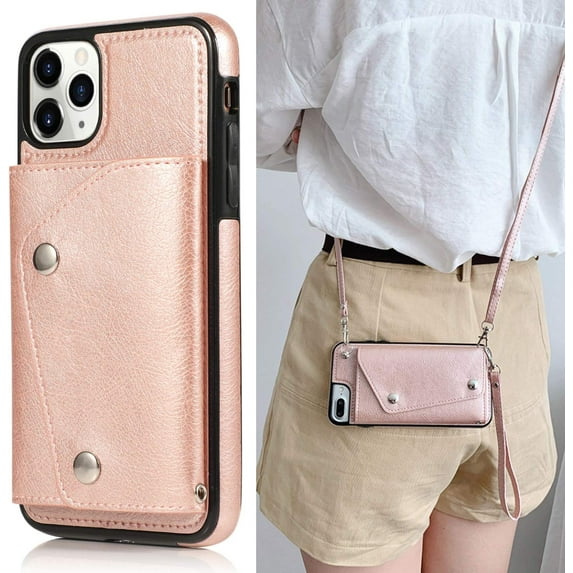 for iPhone 11 Pro Card Holder Case with Neck Strap Crossbody Chain Handbag Wrist Strap Protective Cover with Credit Card Holder Slot PU Leather Wallet Case for iPhone 11 Pro Rose Gold