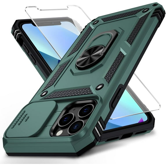 for iPhone 11 Pro Case with Camera Lens Cover HD Screen Protector, 10 FT Military Grade Drop Protection, Magnetic Ring Holder Kickstand Protective Phone Case for iPhone 11 Pro 5.8 inch, Pine Green