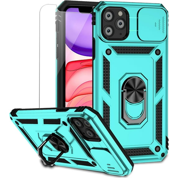 for iPhone 11 Pro Case with Camera Lens Cover HD Screen Protector, Dual Layer Military Grade Drop Protection Magnetic Ring Holder Kickstand Protective Phone Case for iPhone 11 Pro 5.8 inch (Mint)
