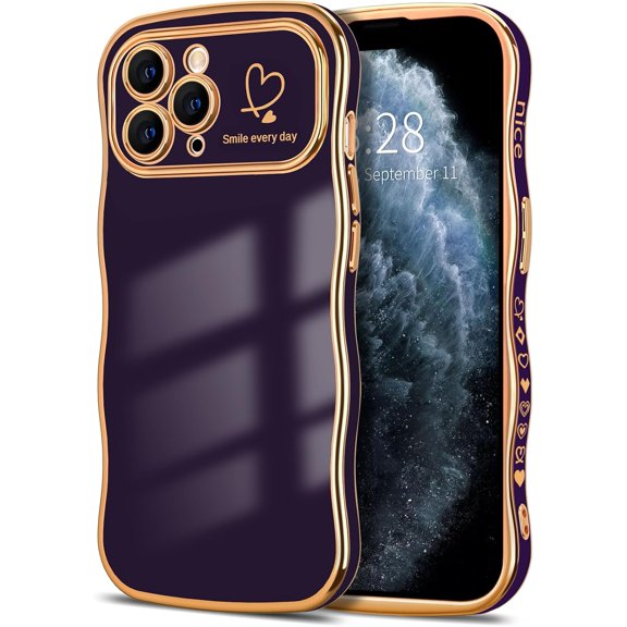 for iPhone 11 Pro Case Cute Curly Wave Frame Shape Phone Cases, Thin Slim Luxury Plating Wavy Edge Soft TPU Bumper Shockproof Rubber Protective Cover for Women Girls, Love Heart-Dark Purple