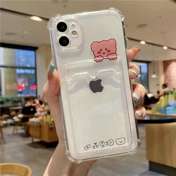 for iPhone 11 Pro Case,Cute Kawaii Cartoon Bunny Bear Clear Credit Card Slot Holder Wallet Transparent Corner Protection Soft Shockproof Cover Phone Case (Bear)