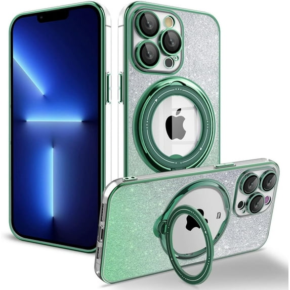 for iPhone 11 Pro Case Glitter with Rotatable Ring Stand Compatible with MagSafe, Plating Bling Clear Case with Camera Lens Protector Slim Phone Case for Women Girls (Alpine Green)
