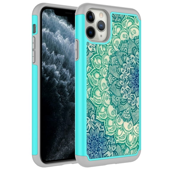 iPhone 11 Pro Case, KAESAR Hybrid Dual Layer Graphic PU Leather Colorful TPU Fashion Protective Cover Armor Case for iPhone 11 Pro (Green Mandala)