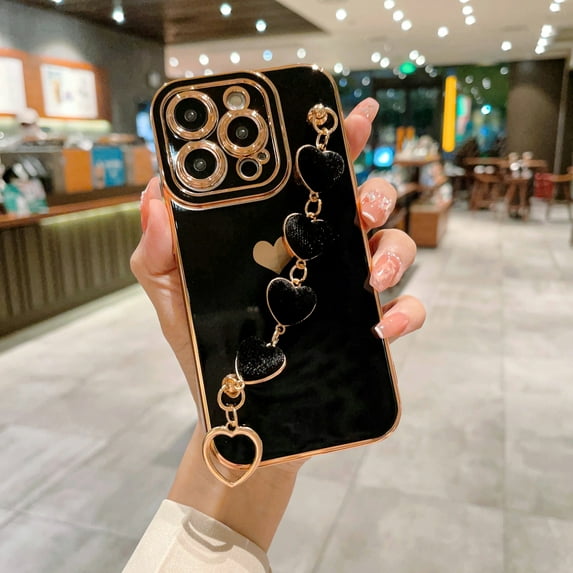 for iPhone 11 Pro Case with Love Heart Bracelet Luxury Cute Hearts Cover with Metal Chain Strap Gold Plated with Side Love Pattern Soft Shockproof Bumper For iPhone 11 Pro, Black