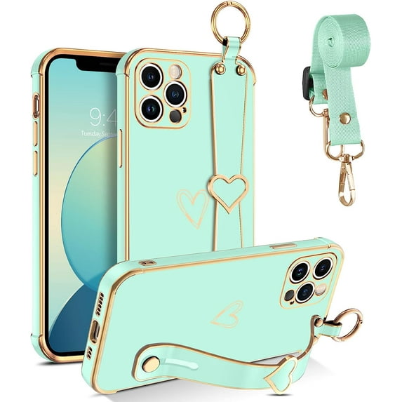 iPhone 11 Pro Case, Phone Case for iPhone 11 Pro, Cute Heart Wristband Lanyard Cross Body Strap Electroplated Camera Protection Shockproof Protective Case Girls for iPhone 11 Pro 5.8"-Green