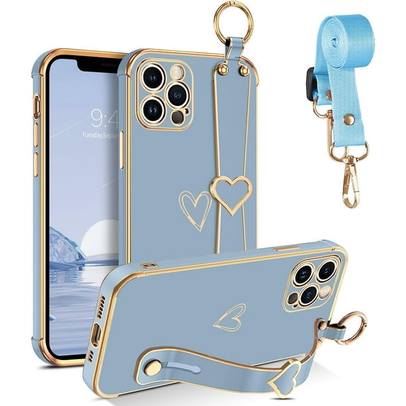 iPhone 11 Pro Case, Phone Case for iPhone 11 Pro, Cute Heart Wristband Lanyard Cross Body Strap Electroplated Camera Protection Shockproof Protective Case Girls for iPhone 11 Pro 5.8"-Grey
