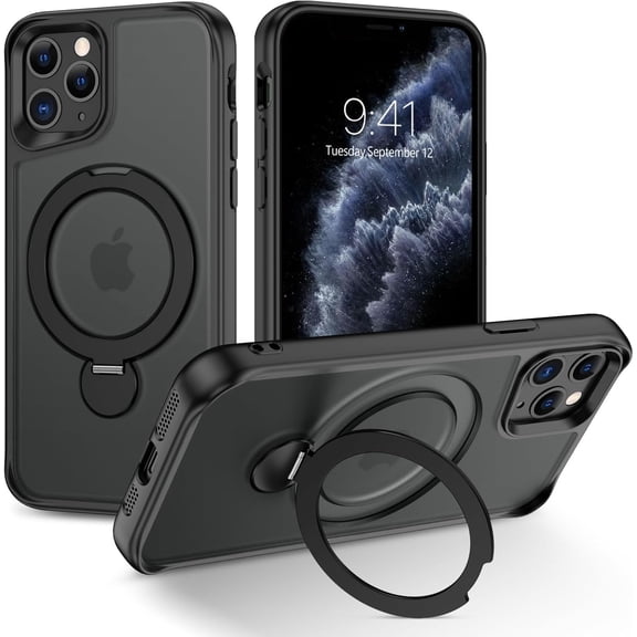 for iPhone 11 Pro Case, Phone Case iPhone 11 Pro Magnetic with Ring Stand[Compatible with Magsafe], Translucent Matte Back Cover Kickstand Phone Case for iPhone 11 Pro 5.8", Black