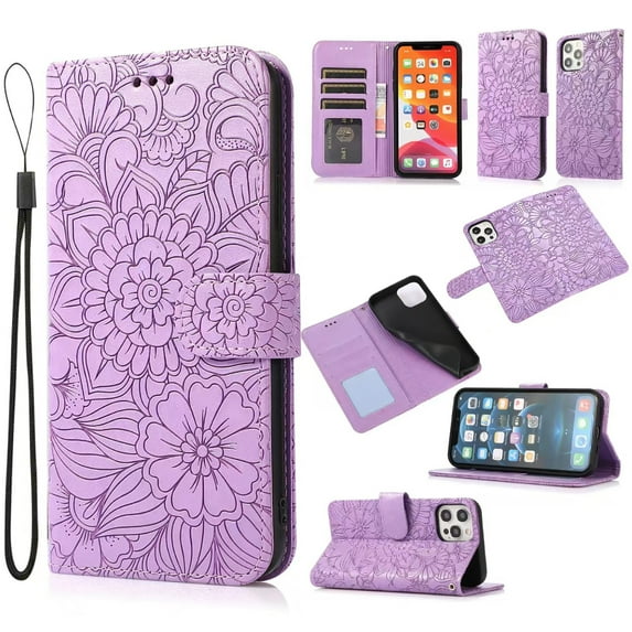 For iPhone 11 Pro Case, Premium Leather Magnetic Closure Flip Wallet Case with Card Holder Cash Slot Stand Function Embossed Flower Pattern Slim Shockproof Lanyard/Strap Cover,Purple