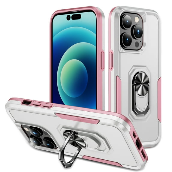 for iPhone 11 Pro Case Protective Cover,Heavy Duty Military Grade Hard Protection Shock Proof Grip | Durable Dual-Layer Design Phone Case with Built-in 360 Ring Holder Kickstand,White+Pink