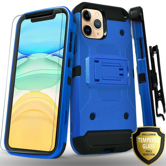 iPhone 11 Pro Case, With [Tempered Glass Screen Protector Included], STARSHOP Full Cover Heavy Duty Dual Layers Phone Cover with Kickstand and Locking Belt Clip-Blue