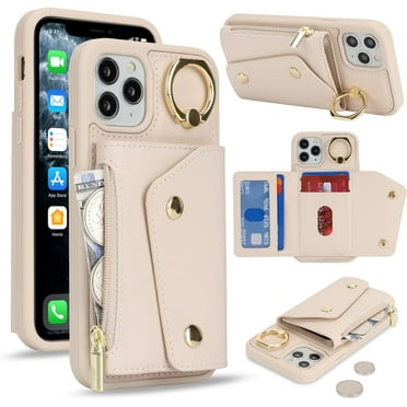 for iPhone 11 Pro Case Wallet with Card Holder - Zipper Pocket,Credit Card Slots,RFID Blocking,Stand Ring,PU Leather Double Snap Cover for Women and Men(Beige,5.8 Inch)