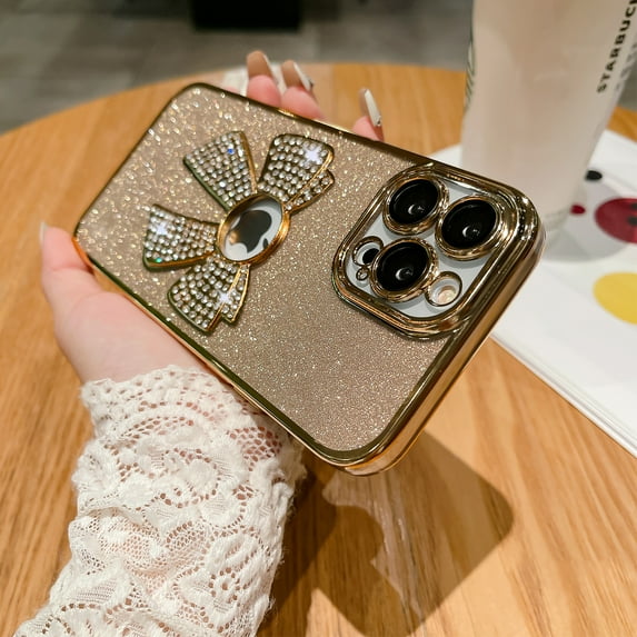 for iPhone 11 Pro Case Women Cute Bowknot Glitter Rhinestone Bling Plating Bumper Luxury Women Girl Phone Case,Shine Diamond Case for iPhone 11 Pro Protective Cover,Gradient Gold