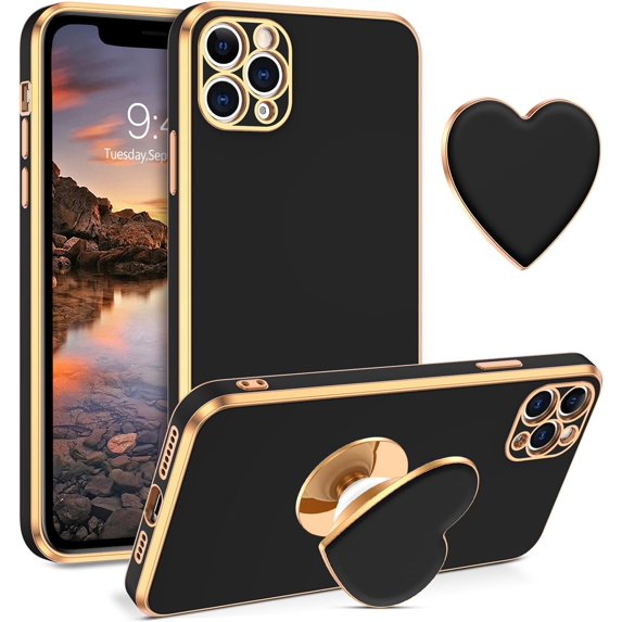 iPhone 11 Pro Case, iPhone 11 Pro Phone Case with Extra Adjustable Love Heart Kickstand Holder Soft TPU Plating Bumper iPhone 11 Pro Phone Case Cover for Girls Women, Black
