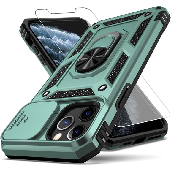 for iPhone 11 Pro Case,with Camera Lens Cover HD Screen Protector,[Military Grade] Ring Car Mount Kickstand Hybrid Hard PC Soft TPU Shockproof Protective Case for iPhone 11 Pro-Green