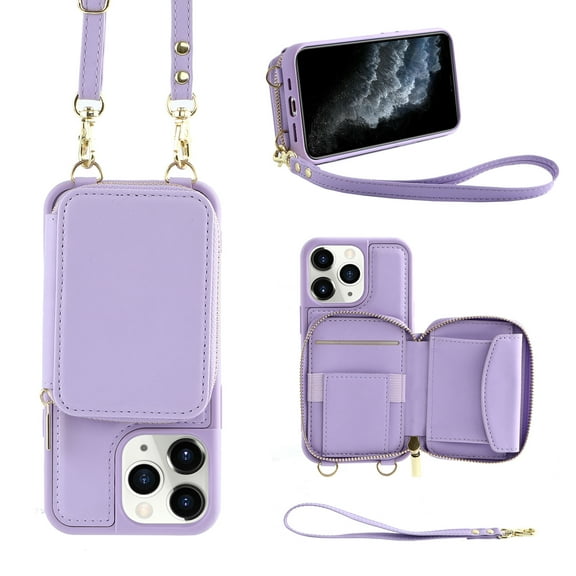 iPhone 11 Pro Crossbody Wallet Case, Zipper Card Phone Case with Wrist Strap, Handbag Purse Flip Cover with RFID Blocking Gift for Women Men Compatible with iPhone 11 Pro 6.1 inch, Purple