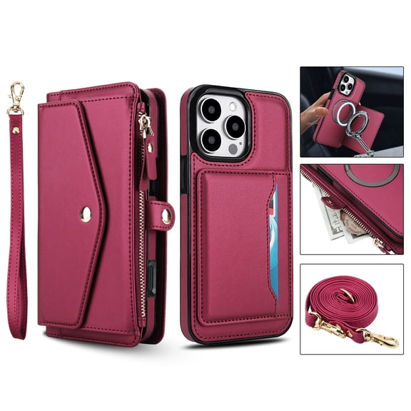 For iPhone 11 Pro Crossbody Wallet Phone Case,Magnetic Detachable Flip,With Wrist Strap&Shoulder Strap,Zipper Pocket,Card Holder,Compatible with Mag-Safe,PU Leather Shockproof Case,Red