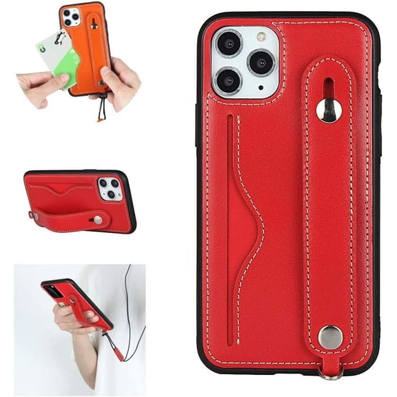 iPhone 11 Pro Genuine Leather Wallet Case Lanyard Necklace Neck Strap with Kickstand Credit Card Holder Wrist Strap Band Protective Back Cover Case for Apple iPhone 11 Pro 5.8 inch 2019,Red