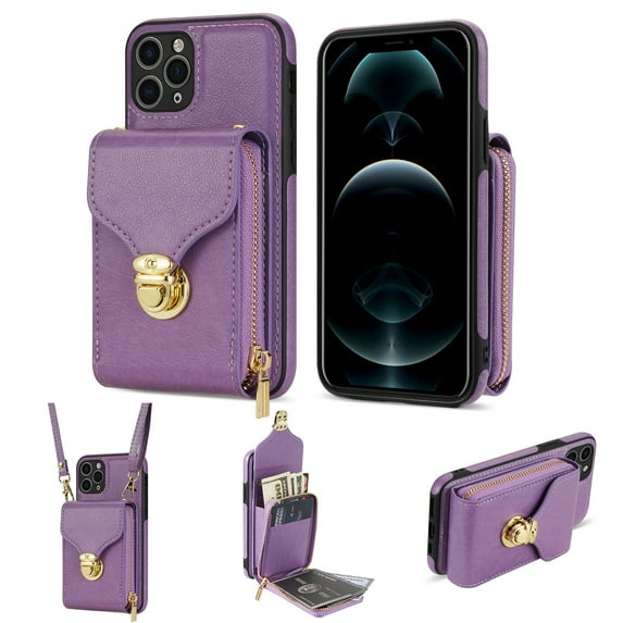 iPhone 11 Pro Luxury Leather Case with Card Holder for Women Phone Case Wallet with Strap Credit Card Slots Crossbody Strap with Kickstand Zipper Shockproof Case For iPhone 11 Pro,Purple