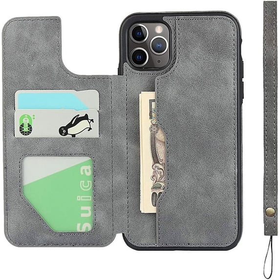 iPhone 11 Pro Luxury PU Leather Wallet Case with Card Holder,2 Magnetic Clasp,Card Cash Slots,Stand Function Flip Wrist Lanyard Strap Back Case for iPhone 11 Pro, 5.8",Gray