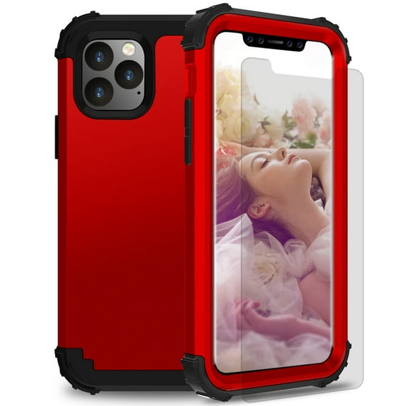 iPhone 11 Pro Max 2019 Case with Temepered Glass Screen Protector, Dteck Full body Protection 3 Layer Hybrid Rugged Shockproof Case Glass Screen Cover For Apple iPhone 11 Pro Max 6.5", Red