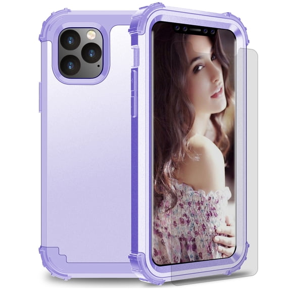 iPhone 11 Pro Max 2019 Case with Temepered Glass Screen Protector, Dteck Full body Protection 3 Layer Hybrid Rugged Shockproof Case Glass Screen Cover For Apple iPhone 11 Pro Max 6.5", Light Purple
