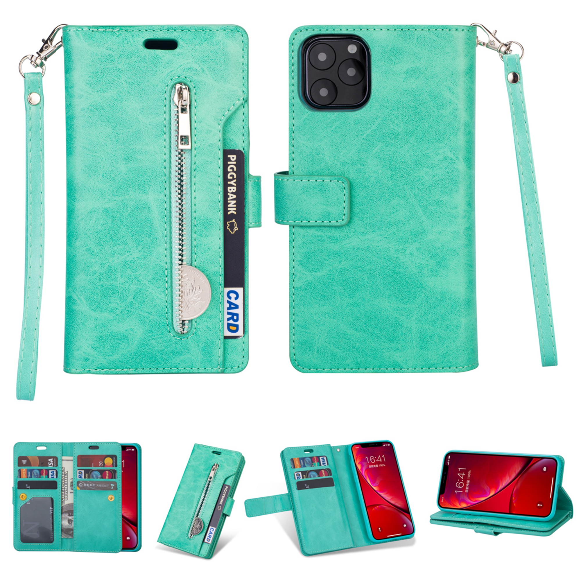 iPhone 11 Pro Max 6.5 inch Wallet Case, Dteck 9 Card Slots Premium Leather Zipper Purse case Flip Kickstand Folio Magnetic with Wrist Strap Credit Cash Cover For Apple iPhone 11 Pro Max, Mint - image 1 of 7
