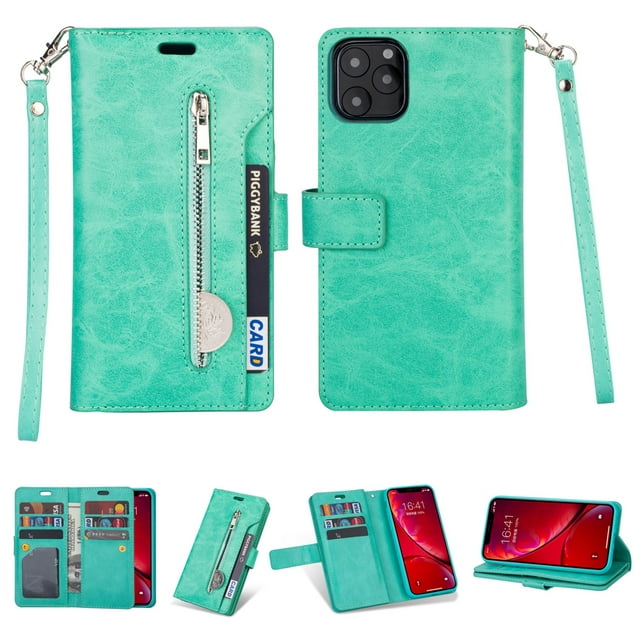iPhone 11 Pro Max 6.5 inch Wallet Case, Dteck 9 Card Slots Premium Leather Zipper Purse case Flip Kickstand Folio Magnetic with Wrist Strap Credit Cash Cover For Apple iPhone 11 Pro Max, Mint