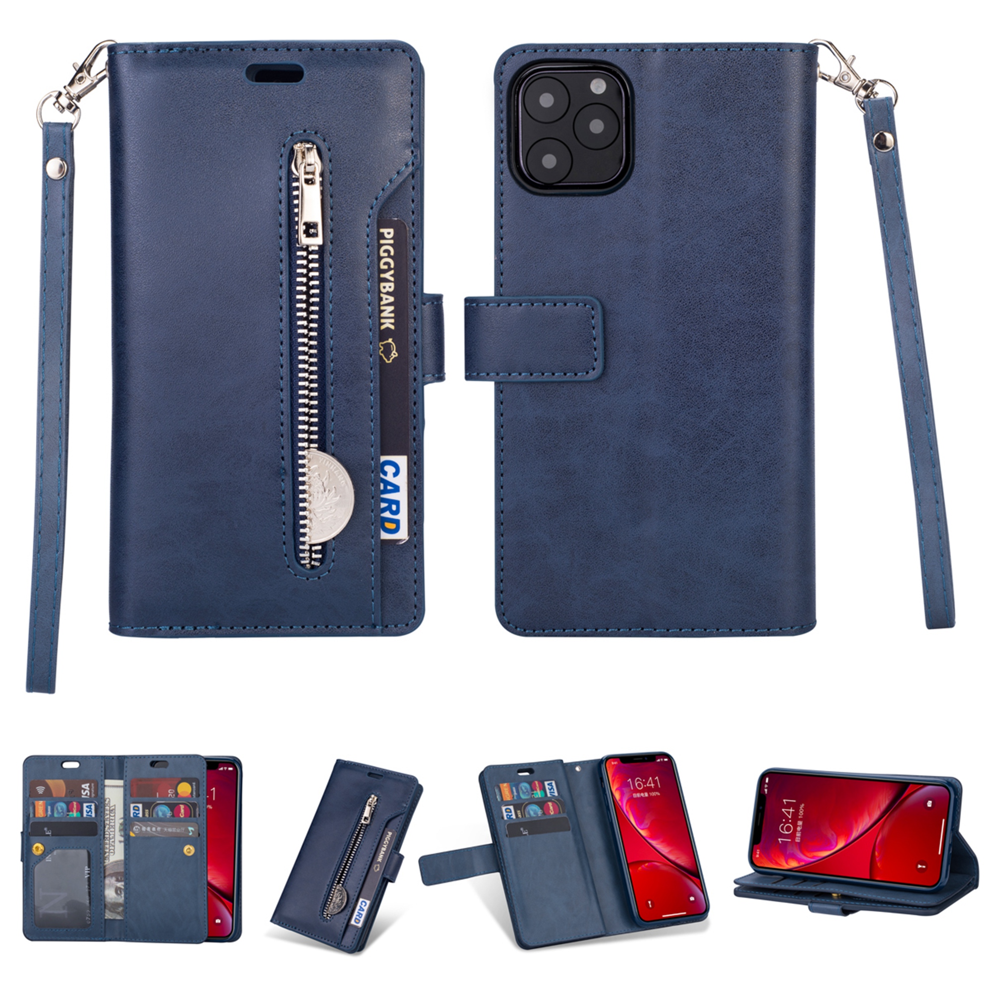 iPhone 11 Pro Max 6.5 inch Wallet Case, Dteck 9 Card Slots Premium Leather Zipper Purse case Flip Kickstand Folio Magnetic with Wrist Strap Credit Cash Cover For Apple iPhone 11 Pro Max, Blue - image 1 of 7