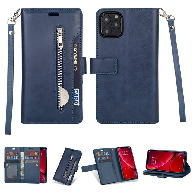 iPhone 11 Pro Max 6.5 inch Wallet Case, Dteck 9 Card Slots Premium Leather Zipper Purse case Flip Kickstand Folio Magnetic with Wrist Strap Credit Cash Cover For Apple iPhone 11 Pro Max, Blue