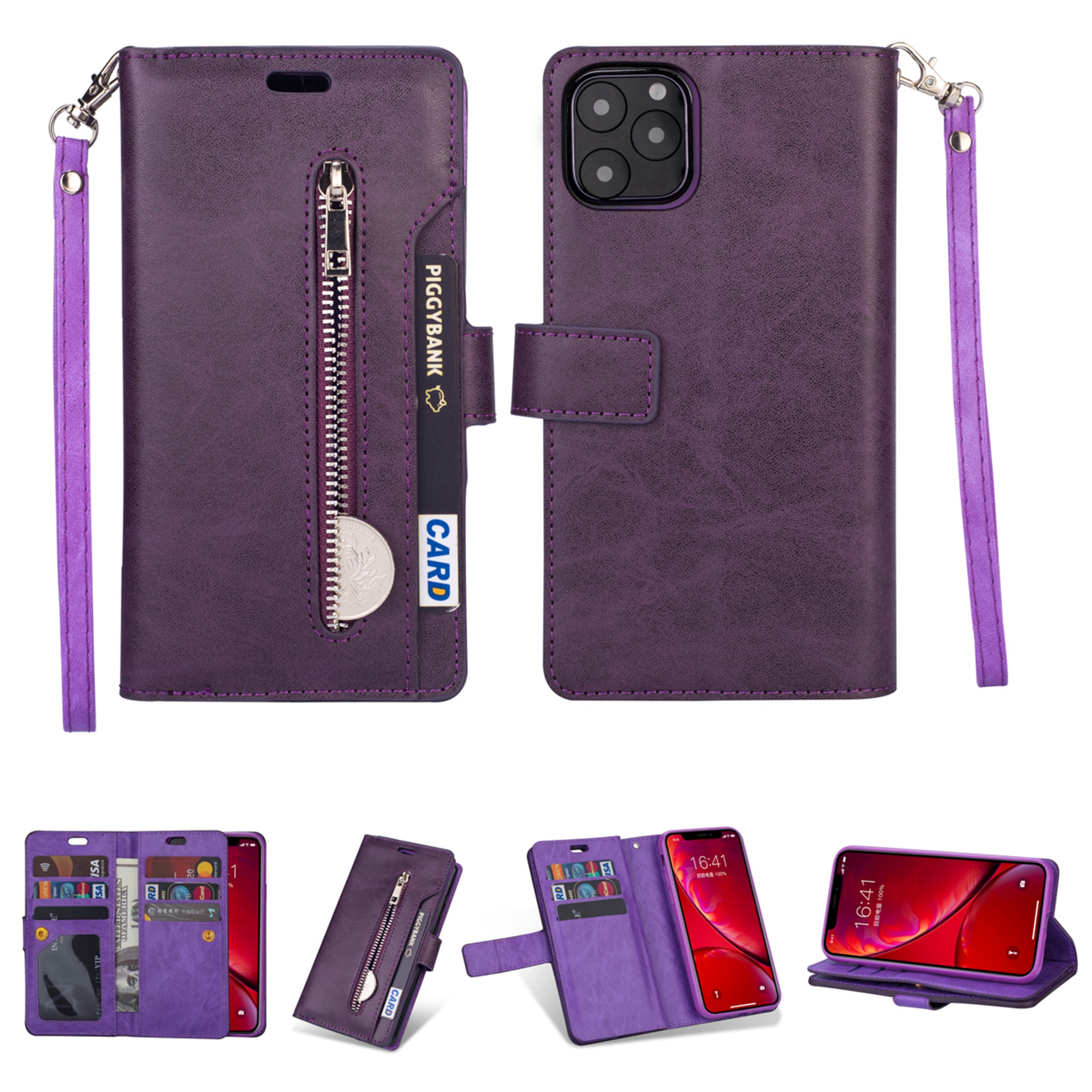 iPhone 11 Pro Max 6.5 inch Wallet Case, Dteck 9 Card Slots Premium Leather Zipper Purse case Flip Kickstand Folio Magnetic with Wrist Strap Credit Cash Cover For Apple iPhone 11 Pro Max, Purple - image 1 of 7