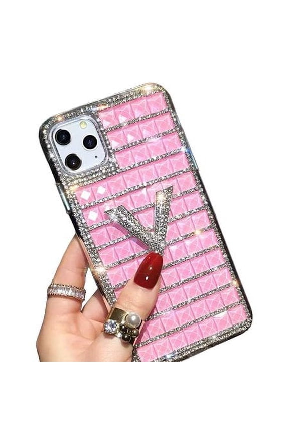 iPhone 11 Pro Max Bling Case, Glitter Shiny Crystal 3D Cover Shell Fashion Luxury Chic V Letter Rhinestone Case with Clear Frame Protective Girly Case for Women Girls