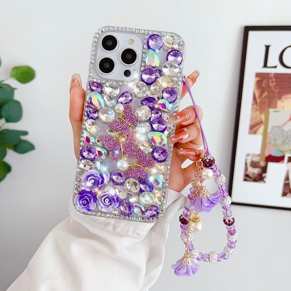 for iPhone 11 Pro Max Bling Rhinestone Case with Wrist Lanyard, Cute Luxury 3D Diamond Butterfly Floral Shinny Sparkle Women Girl Strap Bumper Cover for Apple iPhone 11 Pro Max, Purple