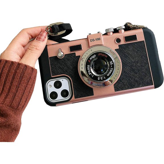 iPhone 11 Pro Max Camera Case, 3D Camera Shape Soft Rubber Silicone Shockproof Hybrid Cover Case with Lanyard Strap for iPhone 11 Pro Max-Rose Gold