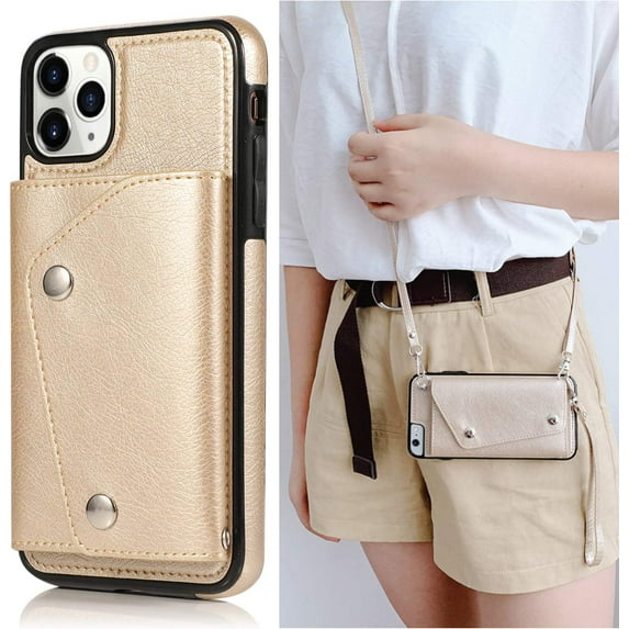 for iPhone 11 Pro Max Card Holder Case with Neck Strap Crossbody Chain Handbag Wrist Strap Protective Cover with Credit Card Holder Slot PU Leather Wallet Case for iPhone 11 Pro Max Gold