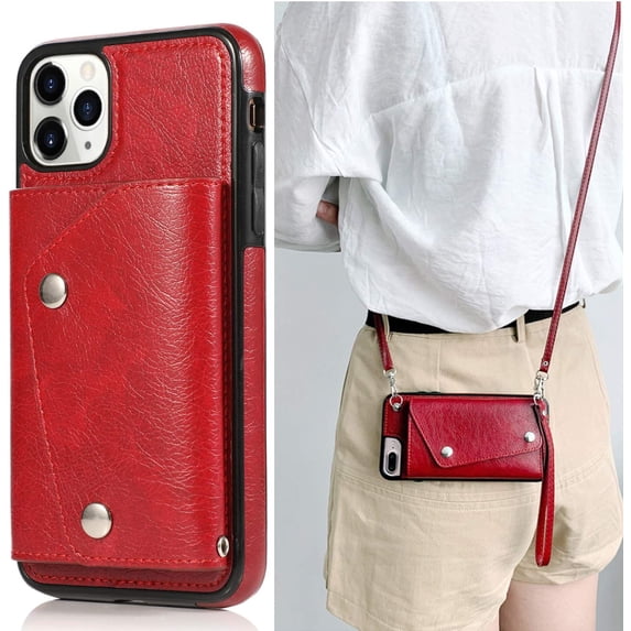 for iPhone 11 Pro Max Card Holder Case with Neck Strap Crossbody Chain Handbag Wrist Strap Protective Cover with Credit Card Holder Slot PU Leather Wallet Case for iPhone 11 Pro Max Red