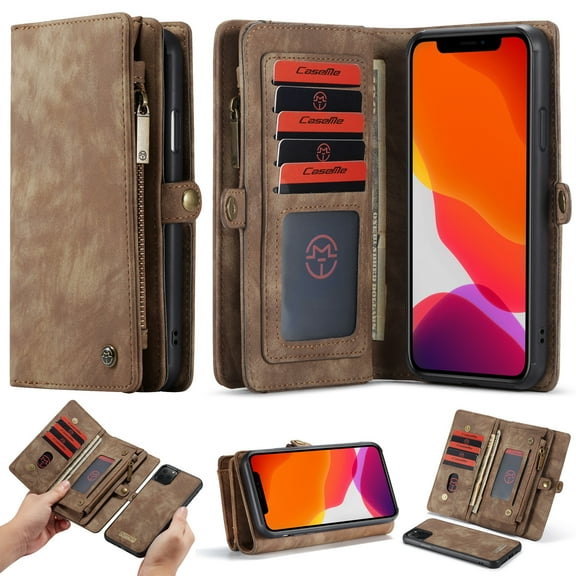 iPhone 11 Pro Max Case 6.5" 2019, Allytech 2 in 1 Magnetic Detachable TPU Back Cover Folio Flip Shell Stand Zipper Wallet Purse w/ Cards Holder Shockproof Case for Apple iPhone 11 Pro Max,Brown