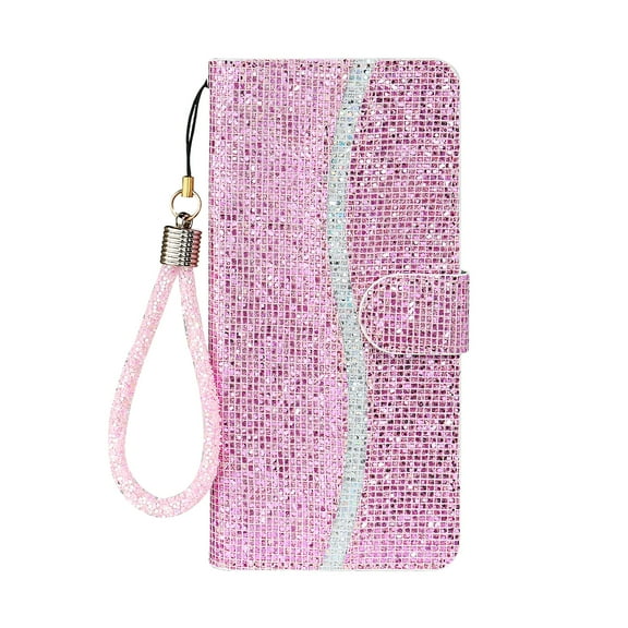 iPhone 11 Pro Max Case, Bling Glitter Faux Leather Folio Stand Wallet Card Holders Shockproof Cover with Hand Strap, Pink