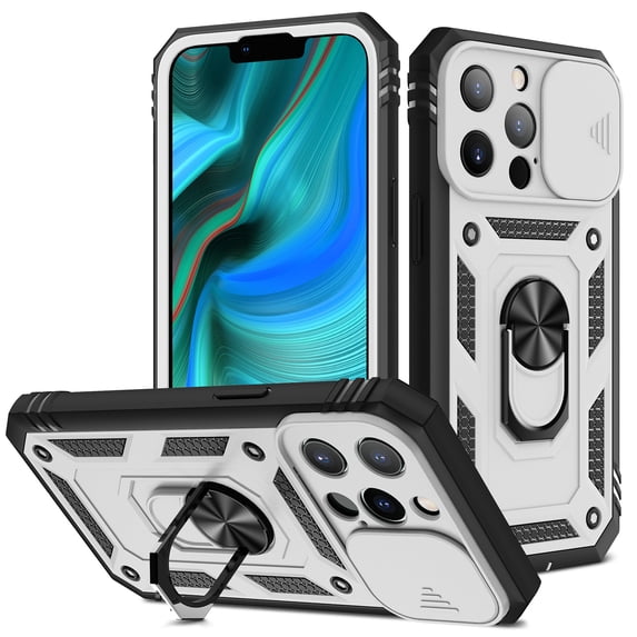 for iPhone 11 Pro Max Case with Camera Cover, 360° Rotate Ring Stand Impact-Resistant Shockproof Protective Bumper Car Mount Magnetic Armor Military Drop Protection Heavy Duty Case, White+Black