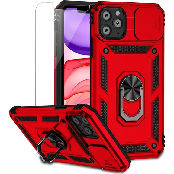 for iPhone 11 Pro Max Case with Camera Lens Cover HD Screen Protector, Military Grade Drop Protection Magnetic Ring Holder Kickstand Protective Phone Case for Apple iPhone 11 Pro Max 6.5 inch (Red