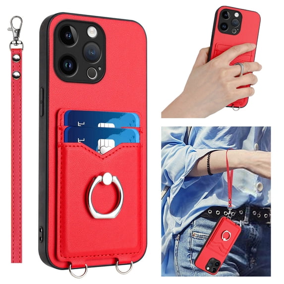for iPhone 11 Pro Max Case, Card Holder Wallet Case, Ring Holder Stand, Wrist Hand Strap, PU Leather Anti-Scratch Shockproof Protective Flip Phone Cover for iPhone 11 Pro Max Case, Red