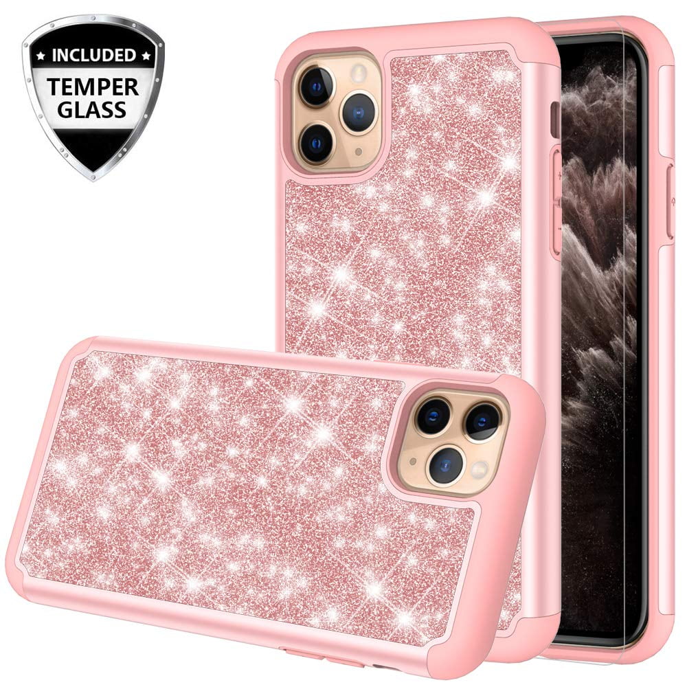 iPhone 11 Pro Max Case Cute Girls Women w[Tempered Glass Screen Protector]  Heavy Duty Protective Phone Cover Case for Apple iPhone 11 Pro Max -  Glitter Rose Gold 