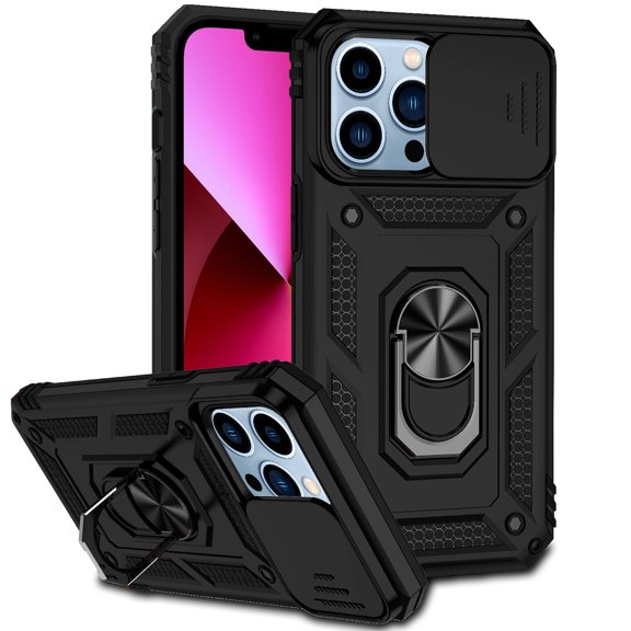 iPhone 11 Pro Max Case,Dteck Shockproof Rubber Rugged Case Hybrid Hard Ring Holder Kickstand Slide Camera Lens Protector Cover for Apple iPhone 11 Pro Max,Black