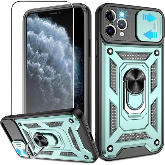 for iPhone 11 Pro Max Case with HD Screen Protector, Heavy Duty Shockproof with 360° Rotation Metal Kickstand [Military Grade] Protective Case for iPhone 11 Pro Max, Dark Green