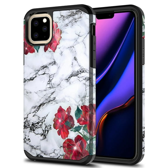 iPhone 11 Pro Max Case, Kaesar Slim Hybrid Dual Layer Shockproof Hard Cover Graphic Fashion Cute Colorful Silicone Skin Cover Armor Case for iPhone 11 Pro Max (Rose White Marble)