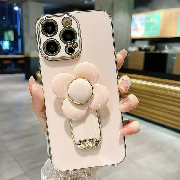 for iPhone 11 Pro Max Case Luxury Plating Hidden Stand Case Cover, Cute Rotatable Flower Windmill Kickstand for Women Girls with Camera Protector Soft TPU Shockproof Bumper 6.5 inch - Pink