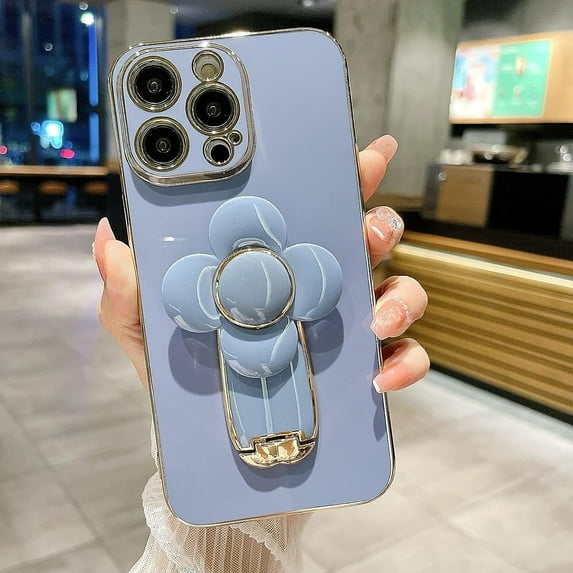 for iPhone 11 Pro Max Case Luxury Plating Hidden Stand Case Cover, Cute Rotatable Flower Windmill Kickstand for Women Girls with Camera Protector Soft TPU Shockproof Bumper 6.5 inch - Blue